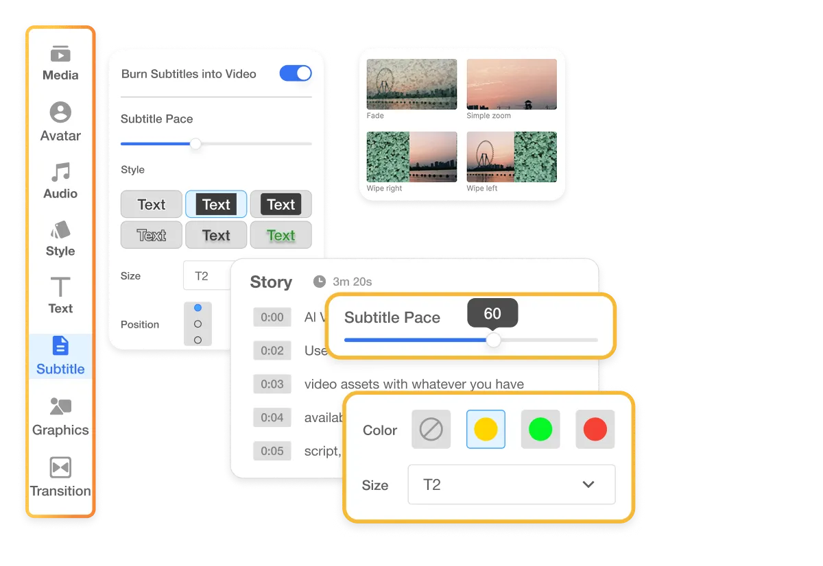 AI Video Generator editing interface showing scene-based video editing tools